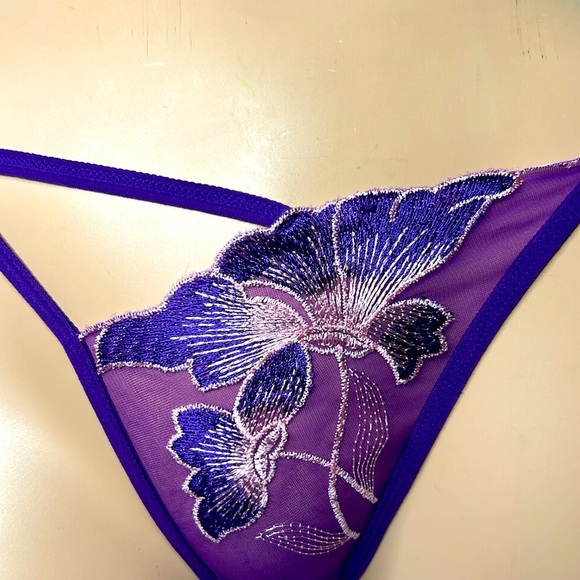 Orchid‎ Embroidered Sheer Mesh Cut Out Adjustable Satin G-String Thong Panty NEW - Picture 5 of 16